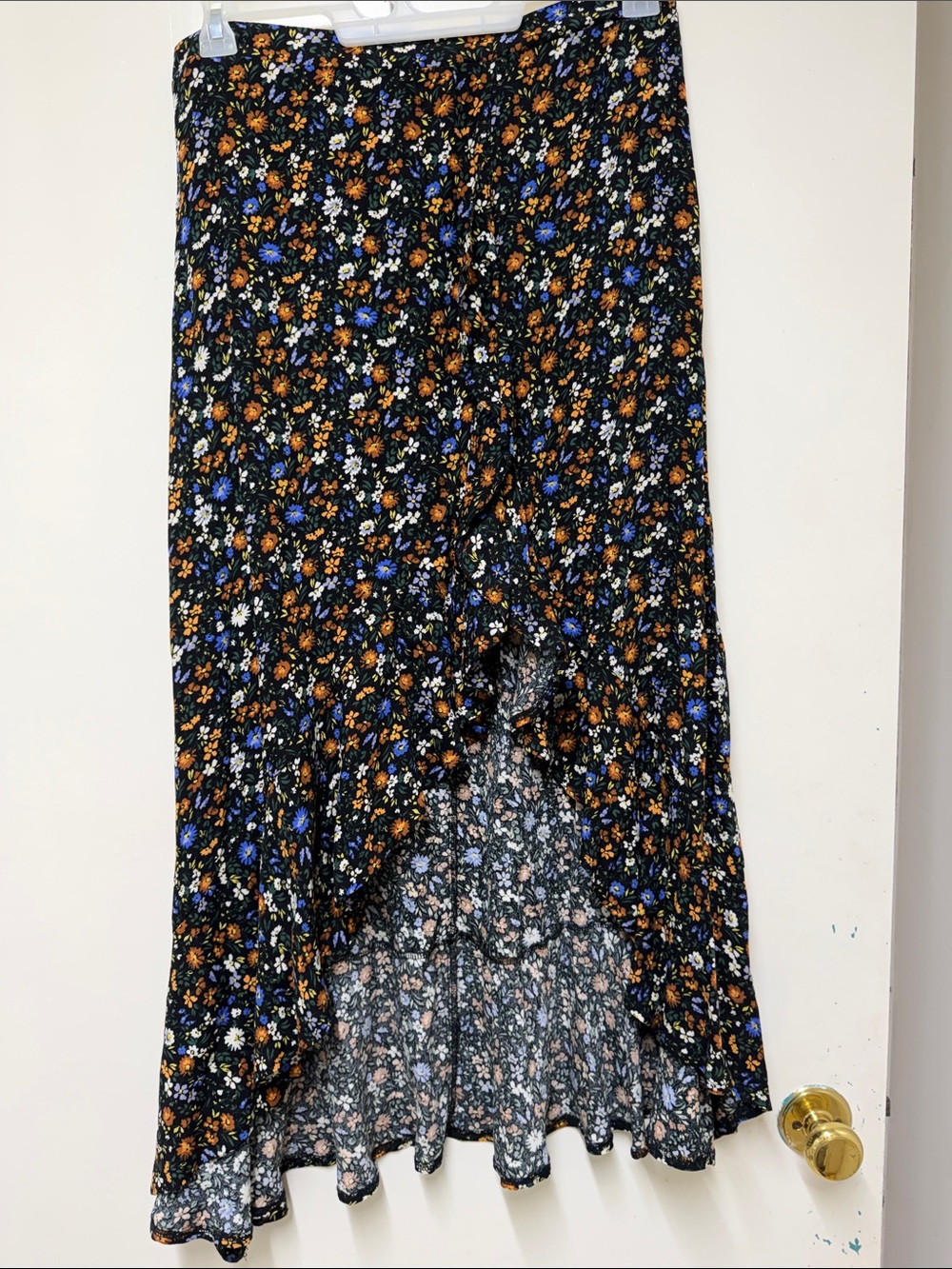 Vici Black High-Low Floral Ruffle Skirt with Blue & Orange Flowers